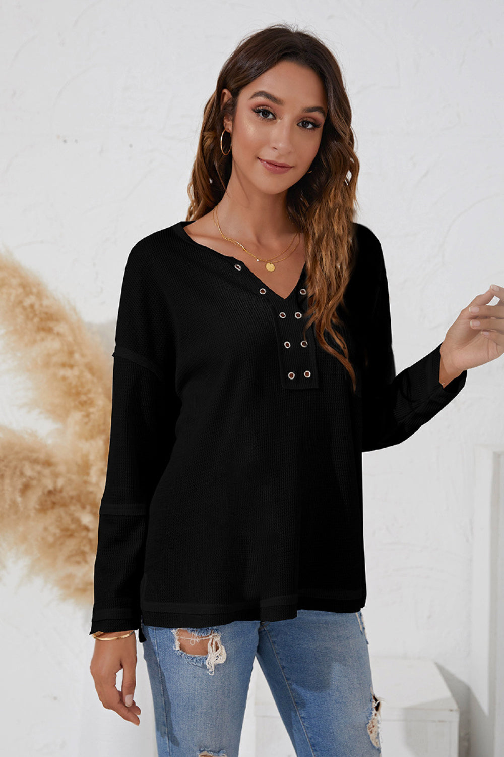 Eyelet Pocket V-Neck Top - Absolute Fashion 2020