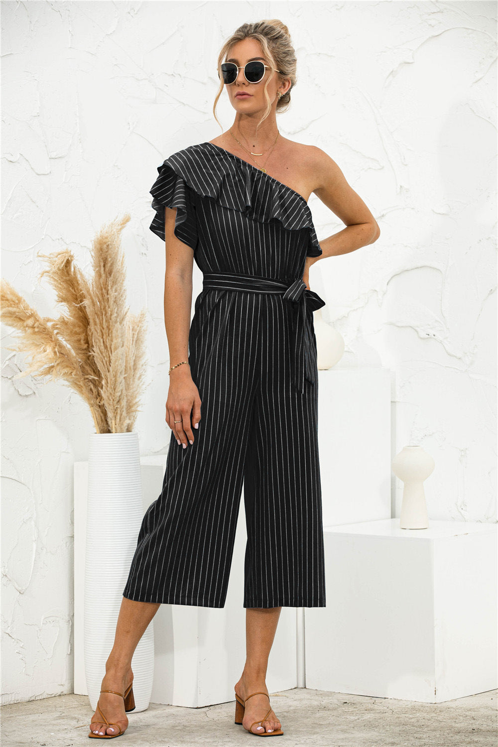 Asymmetric Neck Ruffle Trim Striped Jumpsuit - Absolute Fashion 2020