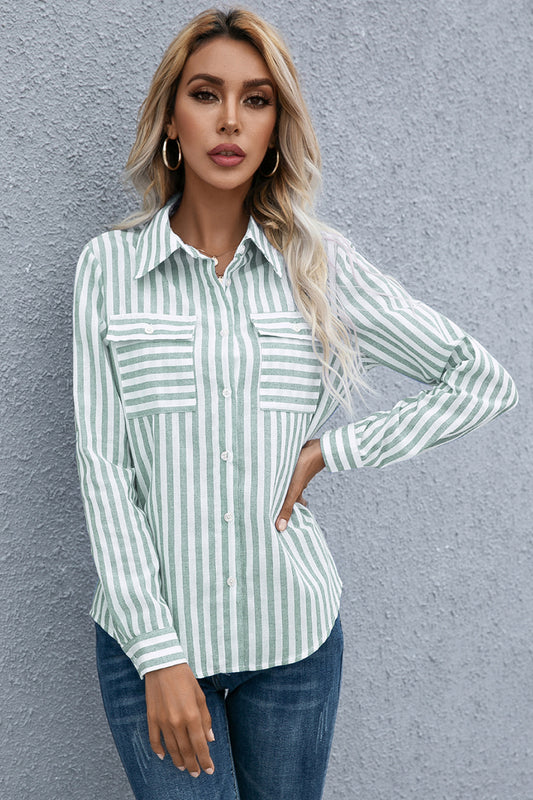 Striped Flap Pocket Button Down Shirt - Absolute Fashion 2020