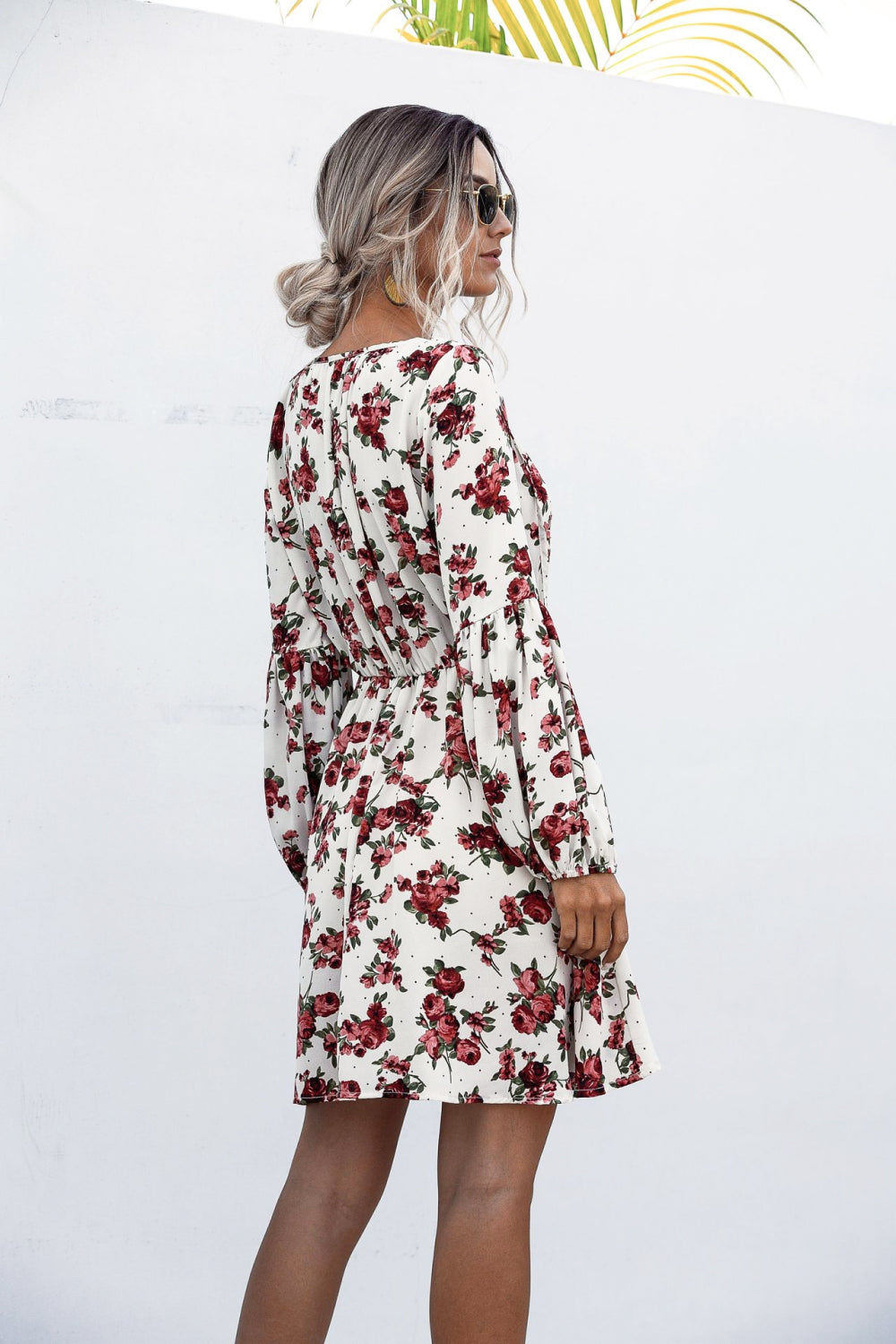 Floral Print Bell Sleeve Tie-Neck Dress