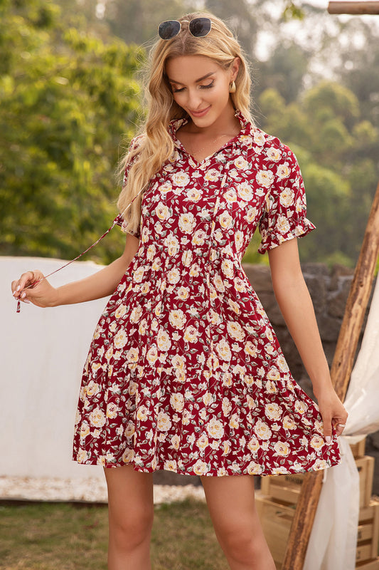 Floral Ruffle Trim Tie-Neck Dress - Absolute Fashion 2020