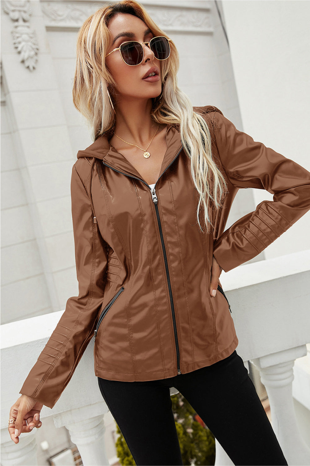 Zip Up Drawstring Hooded PU Jacket - Absolute Fashion 2020