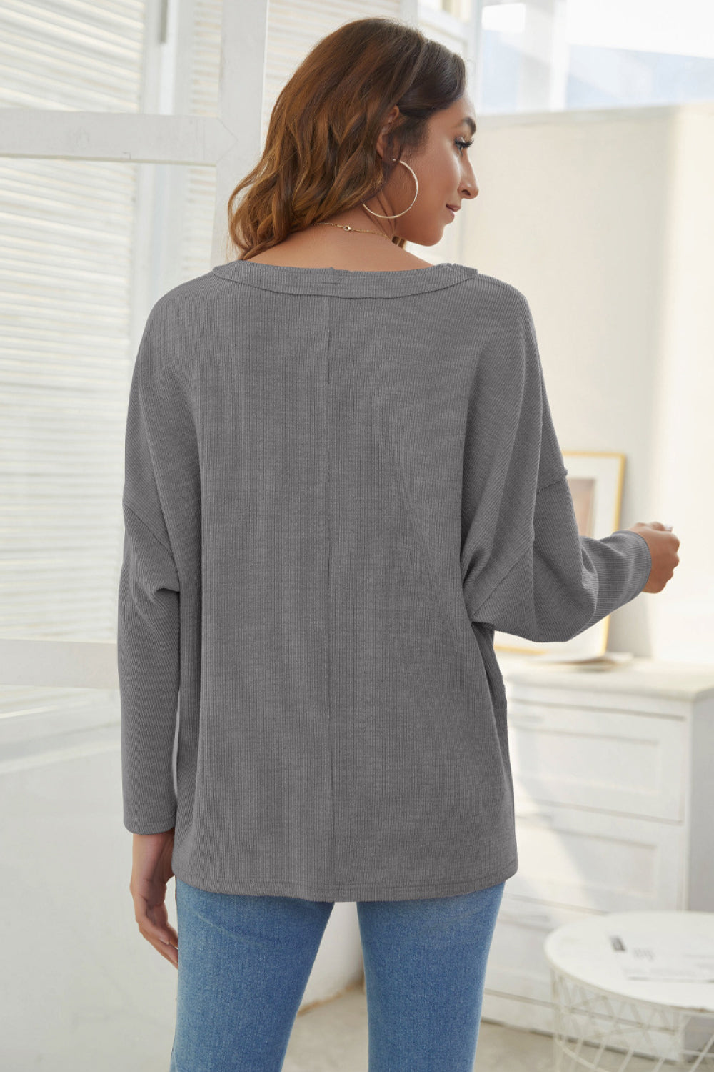 V-Neck Drop Shoulder Long Sleeve Sweater