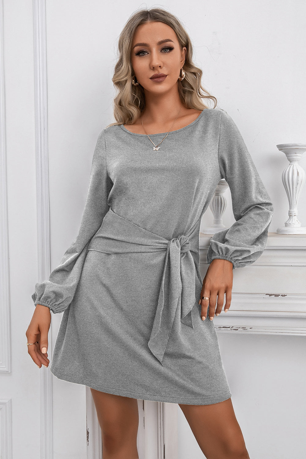 Balloon Sleeve Knot Waist Dress - Absolute Fashion 2020