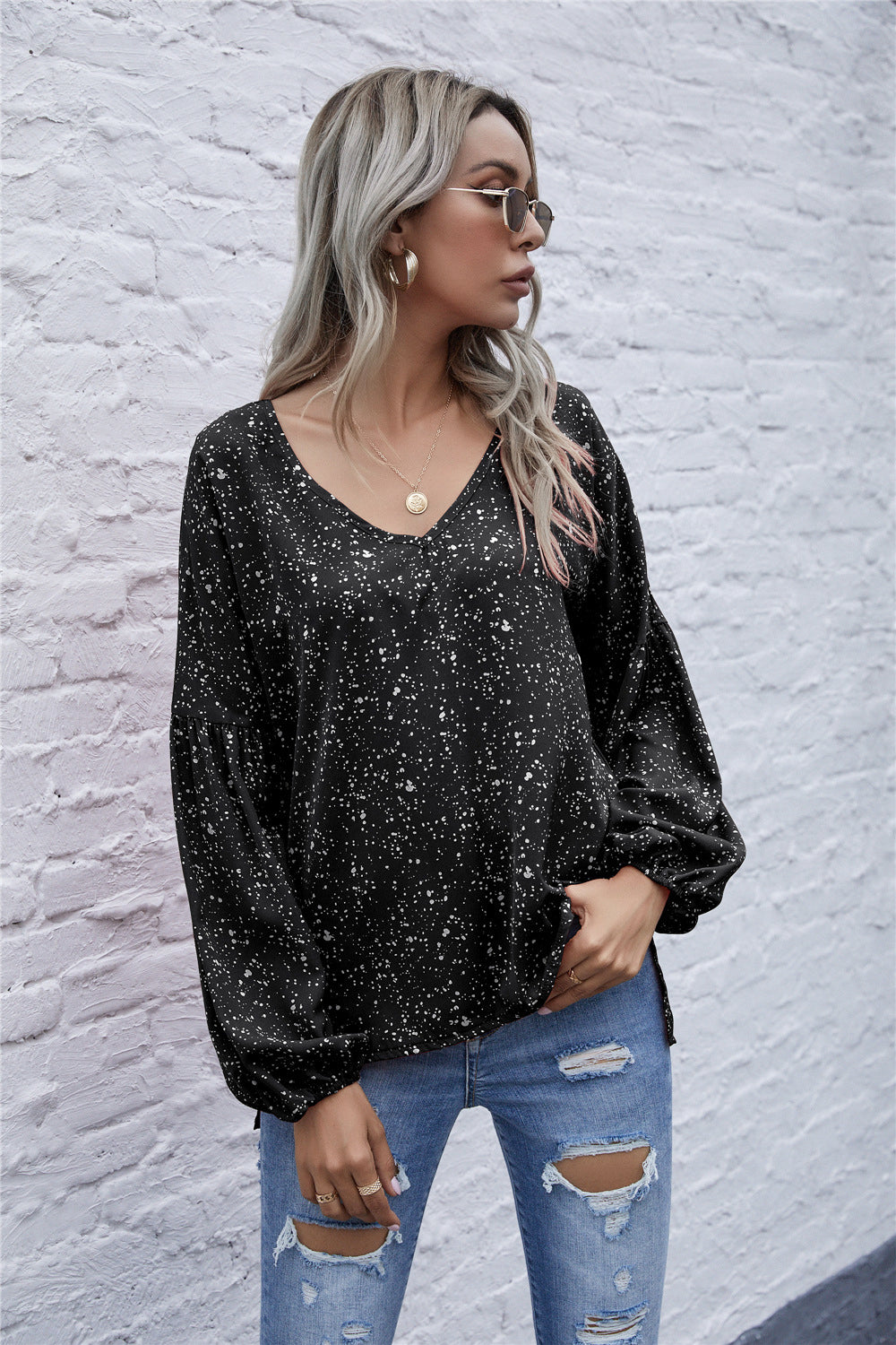 Dot Print Balloon Sleeve Blouse - Absolute Fashion 2020