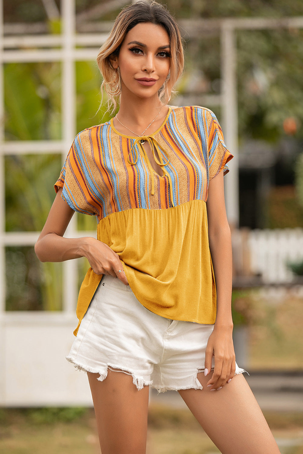 Tribal Print Tie Neck Peplum Top - Absolute Fashion 2020