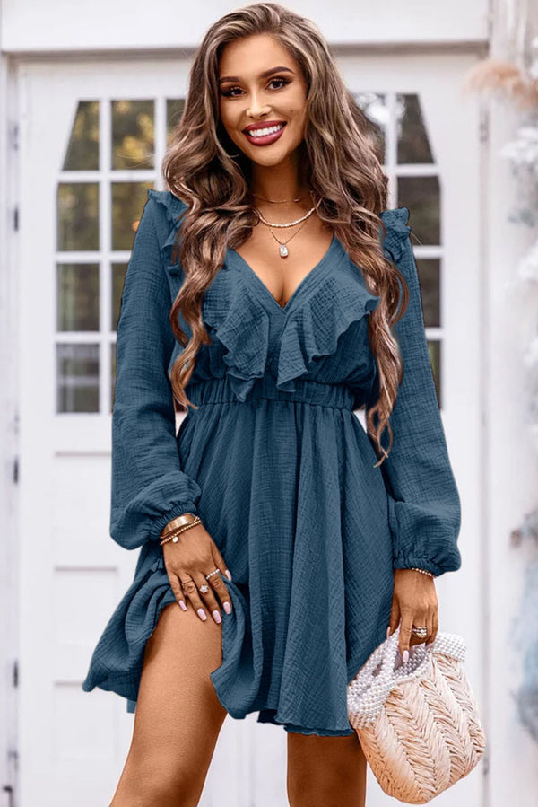 Ruffle Trim V-Neck Long Sleeve Mini Dress - Absolute fashion 2020