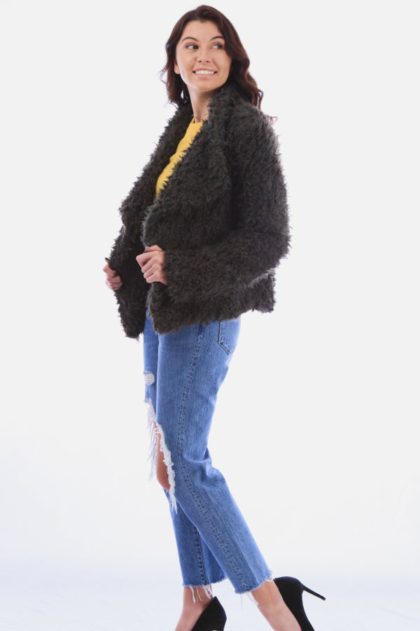 Textured Faux Fur Crop Open Jacket
