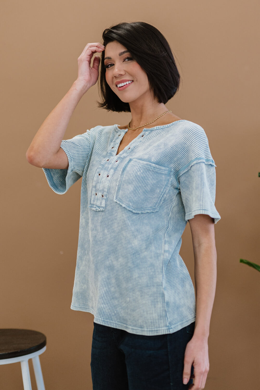 BiBi Something New Thermal Knit Top in Denim
