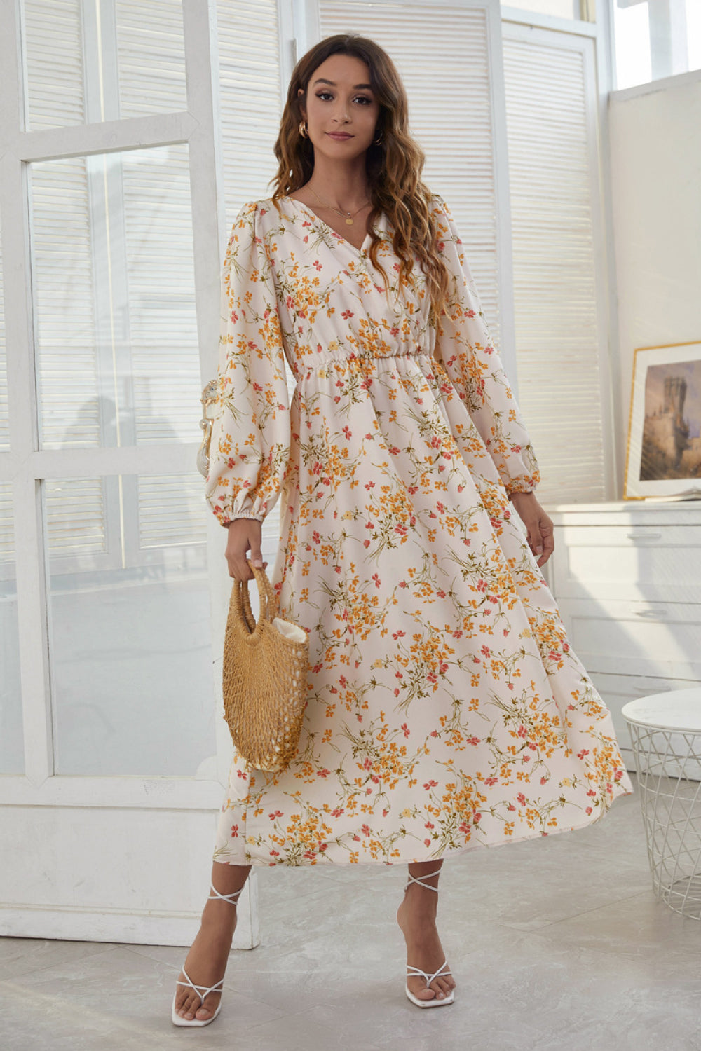 Floral V-Neck Elastic Waist Dress