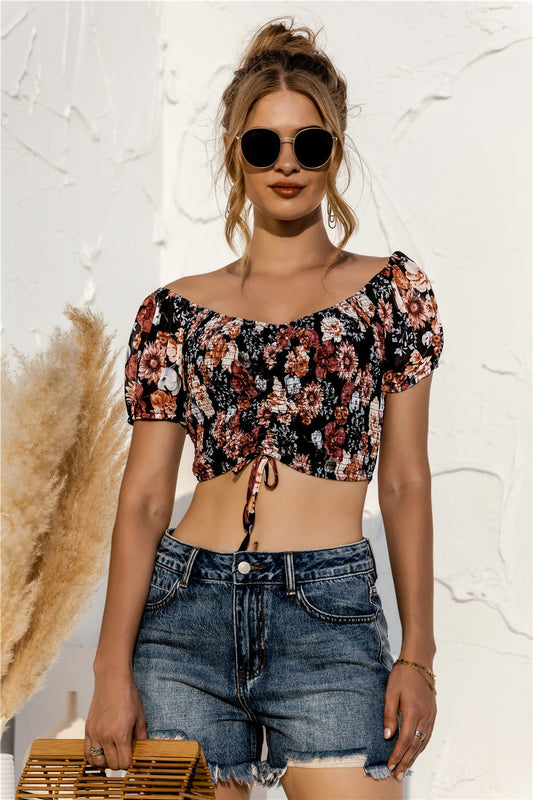Floral Off Shoulder Drawstrings Crop Top - Absolute Fashion 2020