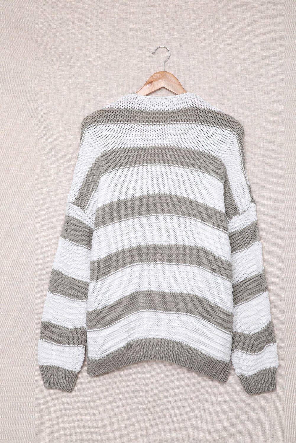 Two-Tone Striped Open Front Ribbed Trim Cardigan