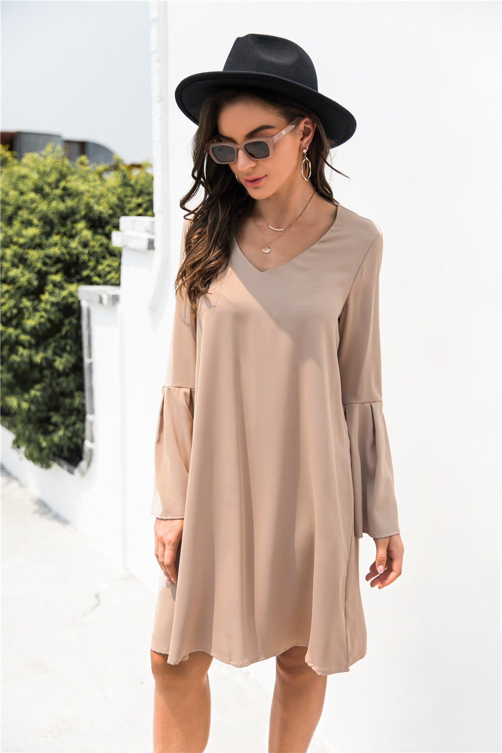 Trumpet Sleeve V Neck Dress - Absolute Fashion 2020