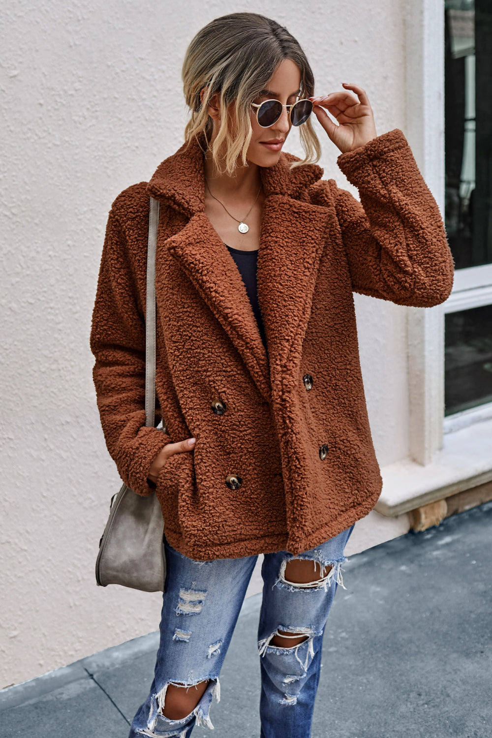 Double Button Lapel Collar Teddy Coat - Absolute Fashion 2020
