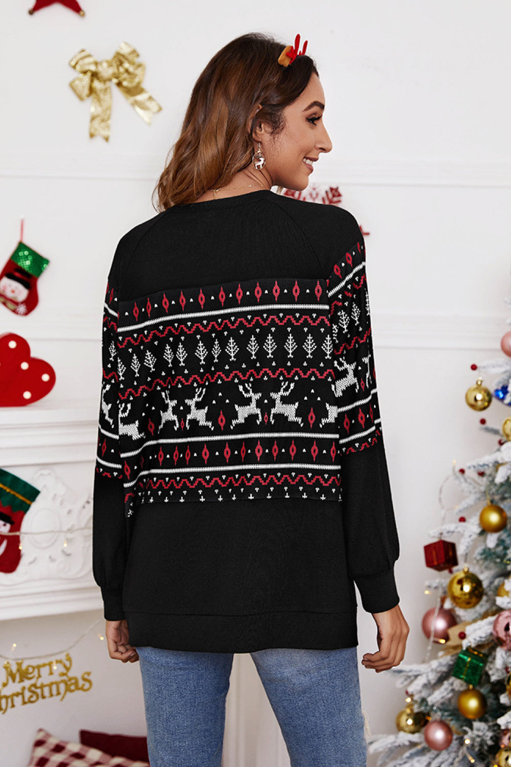 Holiday Print Raglan Sleeve Sweater