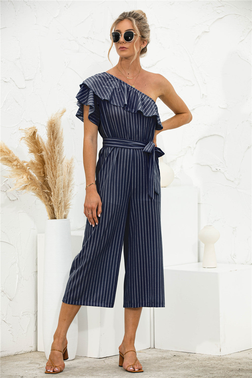 Asymmetric Neck Ruffle Trim Striped Jumpsuit - Absolute Fashion 2020