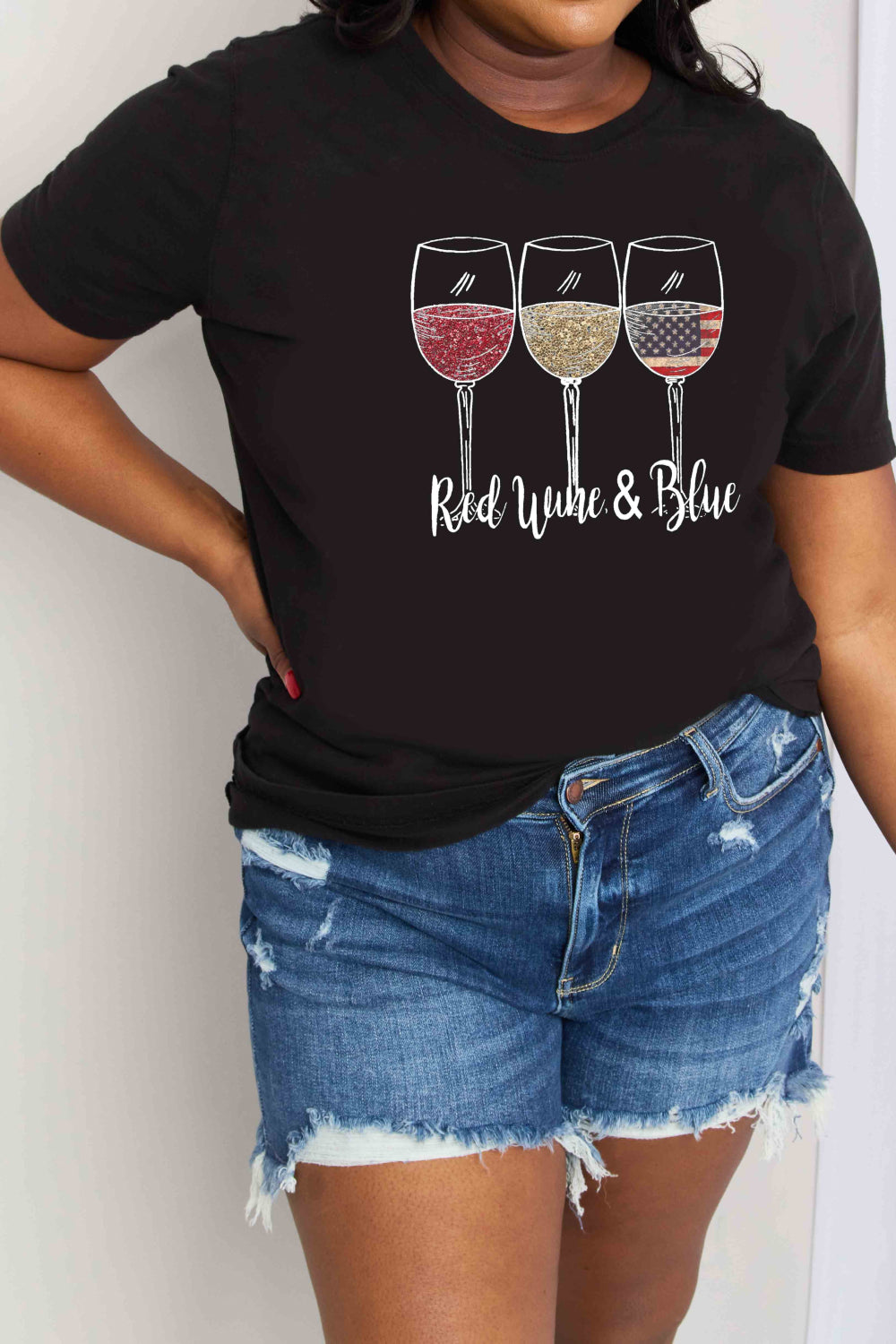 Simply Love Full Size RED WINE & BLUE Graphic Cotton Tee