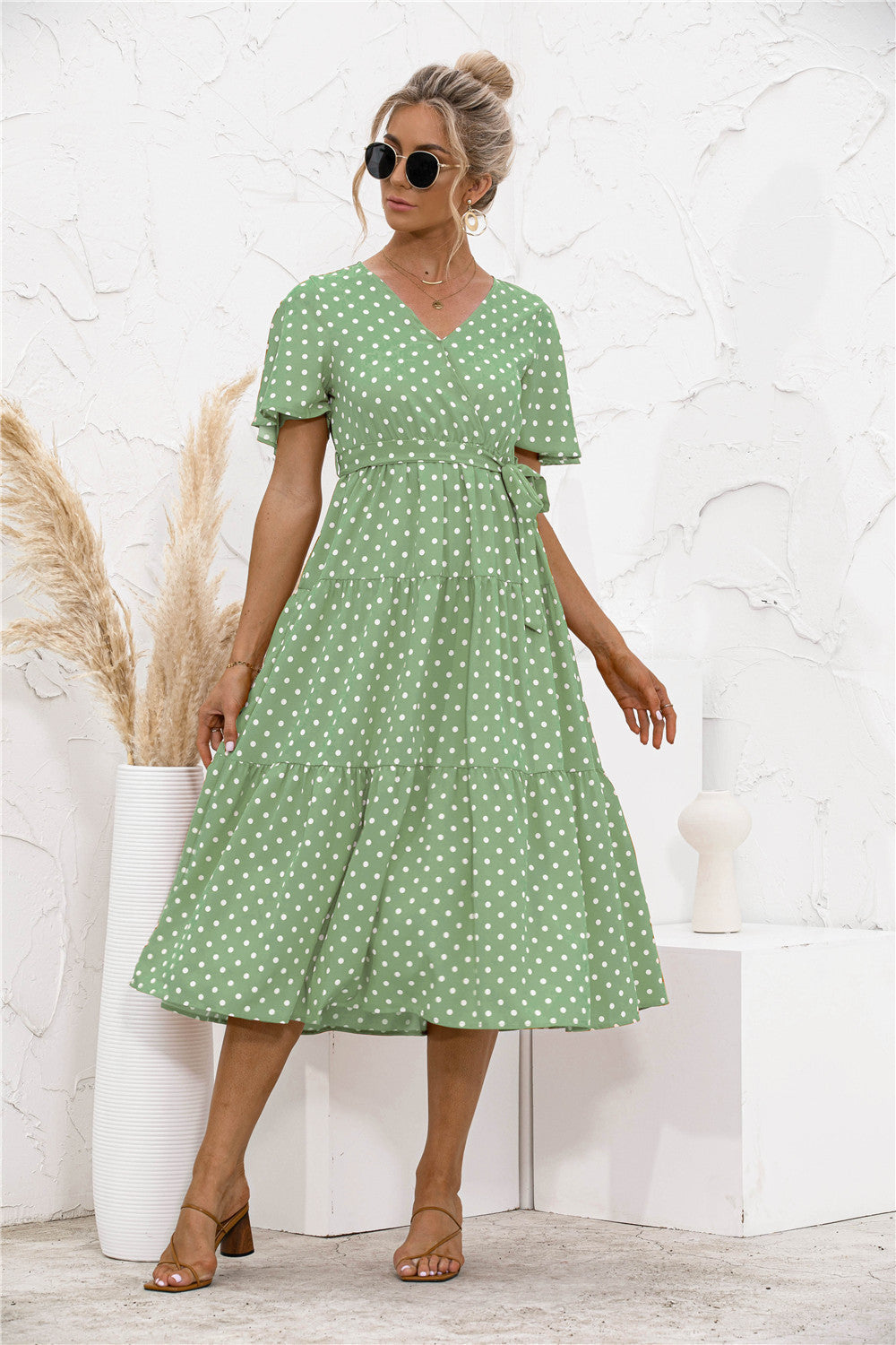 Polka Dot V Neck Belted Dress - Absolute Fashion 2020