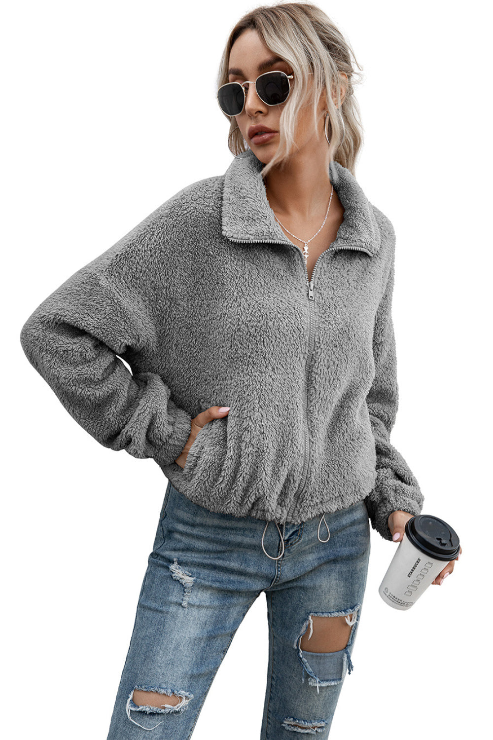 Drawstring Hem Zip Up Teddy Jacket - Absolute Fashion 2020