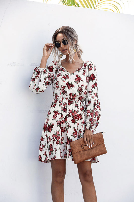 Floral Print Bell Sleeve Tie-Neck Dress