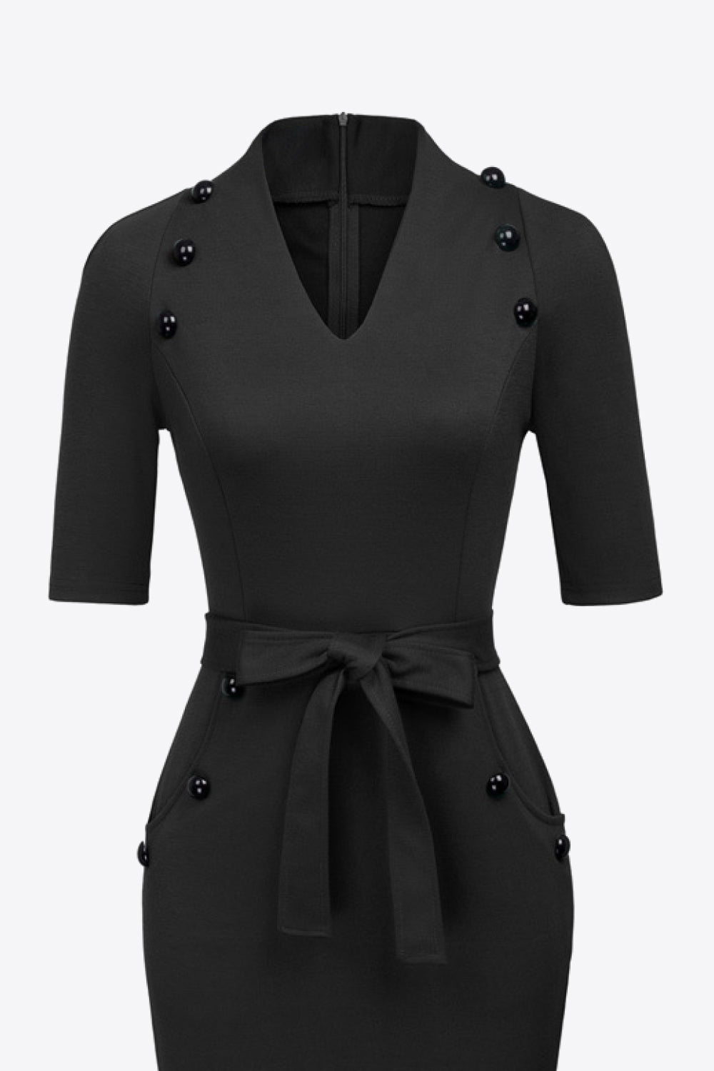 Decorative Button Belted Zip-Back Slit Dress
