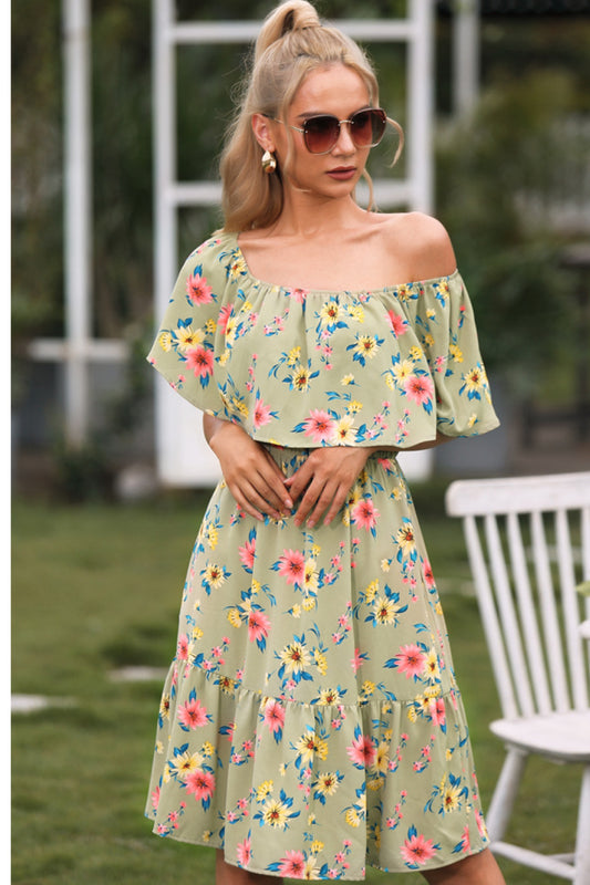 Floral Off Shoulder Splicing Dress
