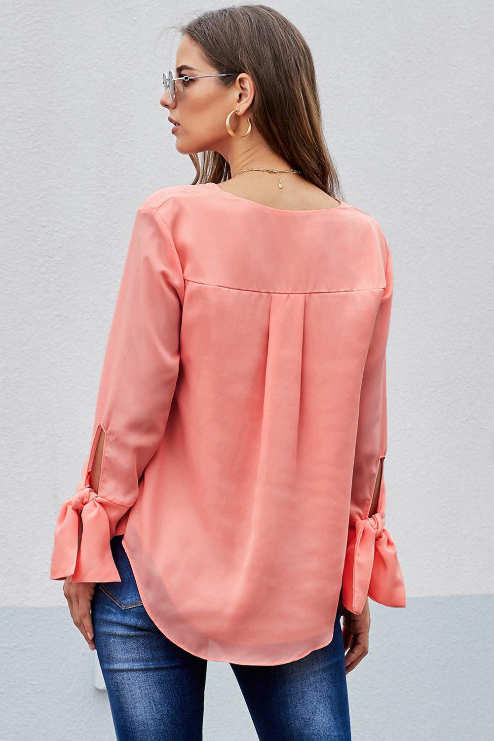 V Neck Ruched Tie Sleeve Top - Absolute Fashion 2020