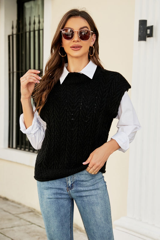 Round Neck Ribbed Trim Cap Sleeve Vest