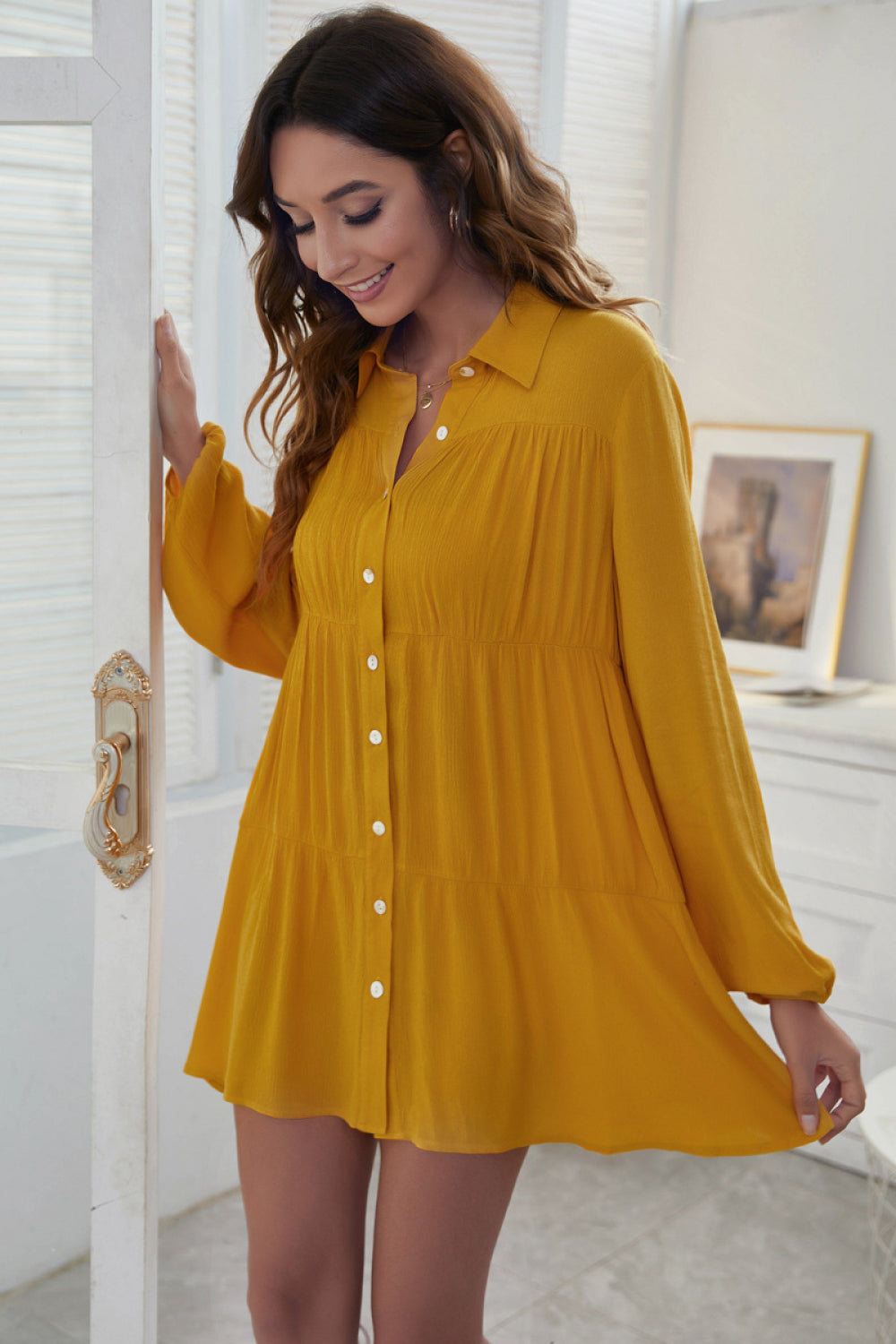 Buttoned Turn-Down Collar Shirt Dress