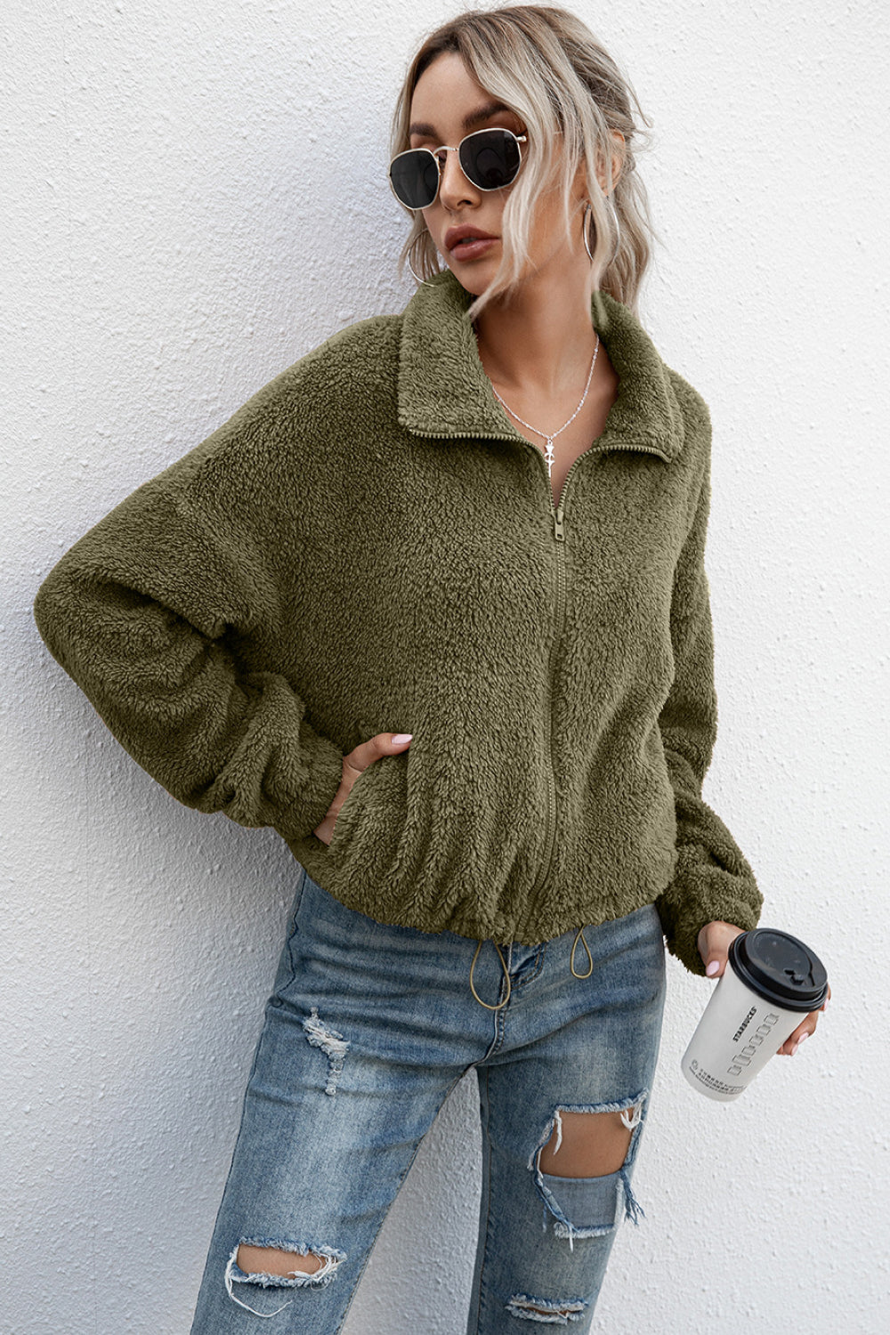 Drawstring Hem Zip Up Teddy Jacket - Absolute Fashion 2020