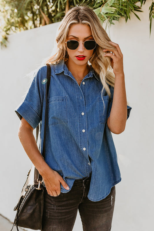 Collar Short Sleeve Denim Shirt - Absolute Fashion 2020