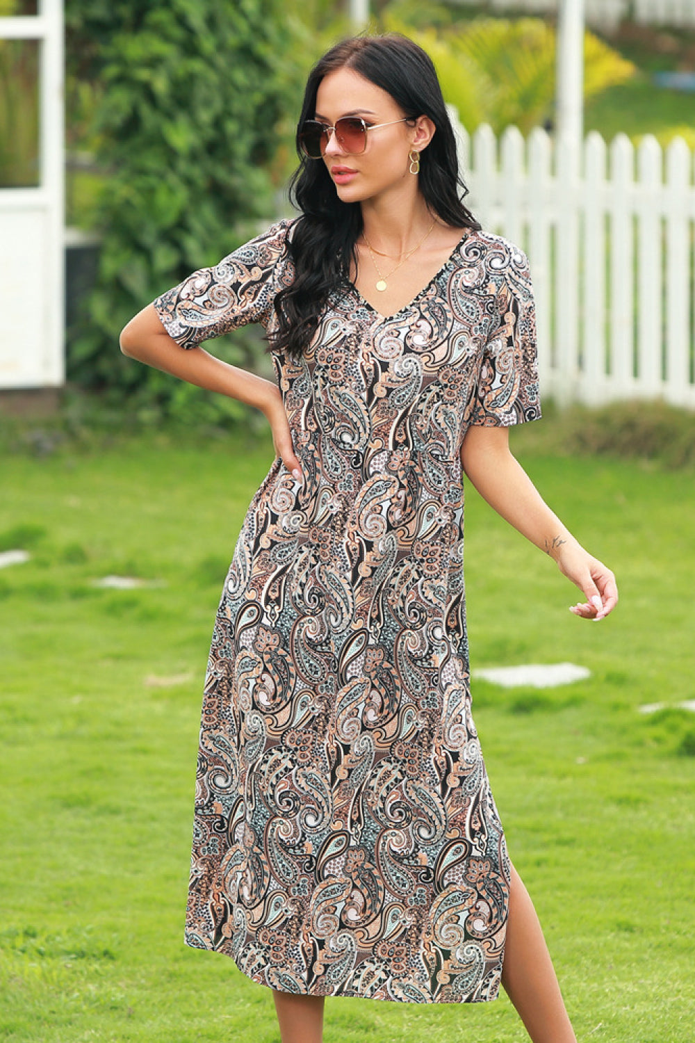 V-neckline  Paisley Style Slit Dress