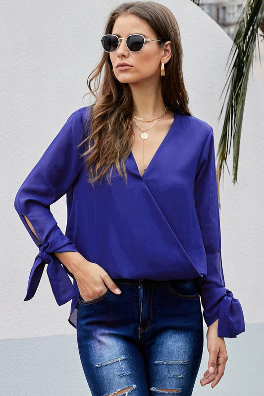 V Neck Ruched Tie Sleeve Top - Absolute Fashion 2020