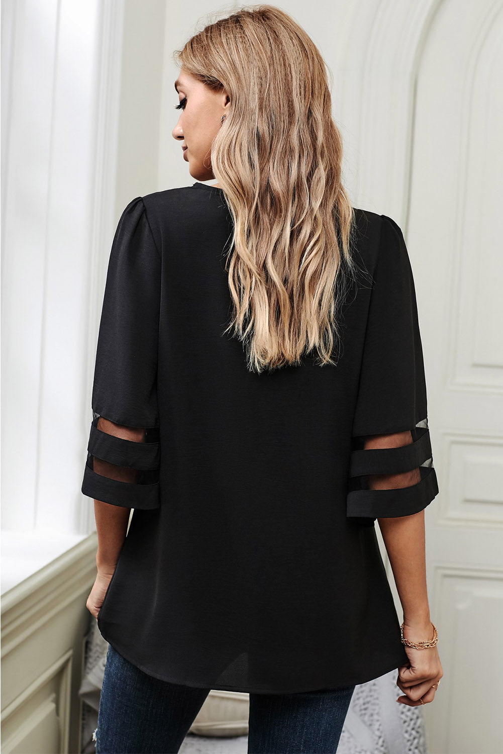 V Lace Neckline 3/4 Bell Mesh Sleeves Blouse - Absolute Fashion 2020