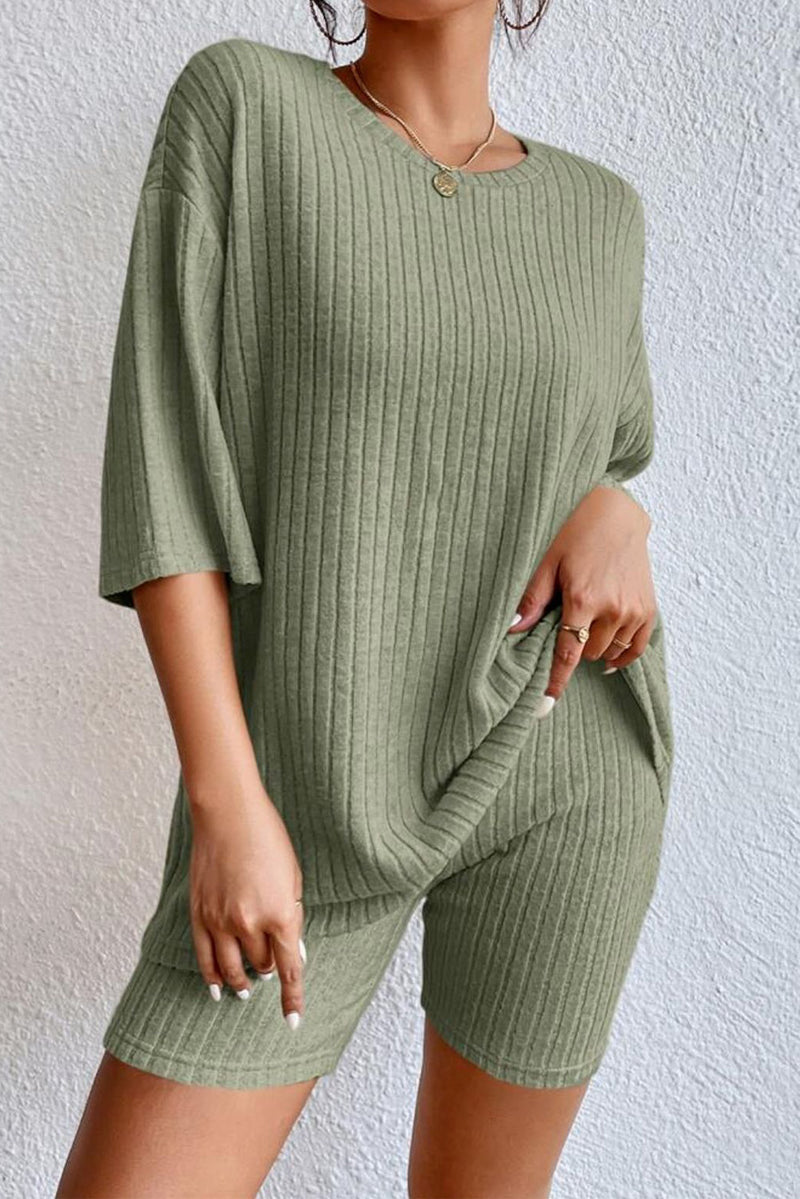 Round Neck Ribbed Top and Shorts Lounge Set - Absolute fashion 2020