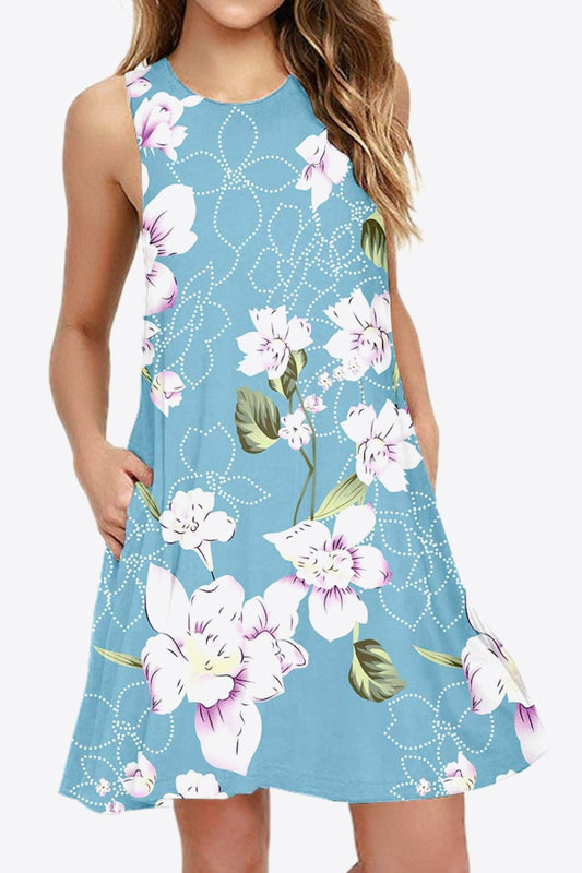 Full Size Printed Round Neck Sleeveless Dress