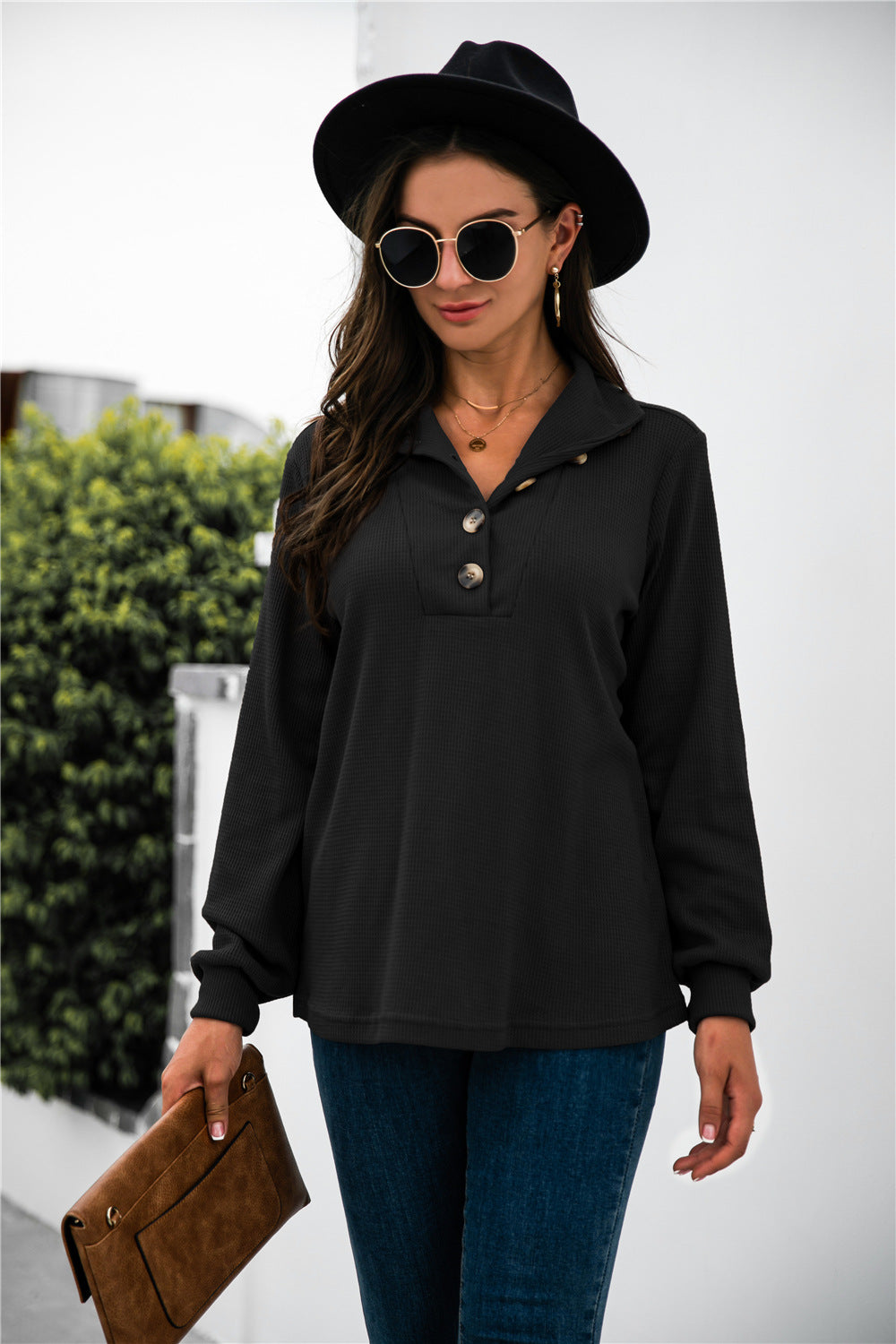 Button Lapel Collar Half Placket Top - Absolute Fashion 2020