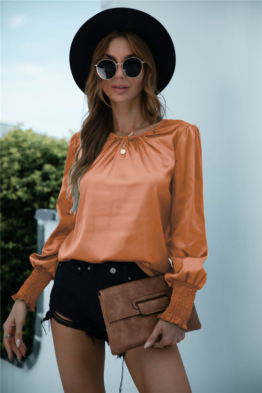 Ruched Round Neck Keyhole Back Blouse - Absolute Fashion 2020