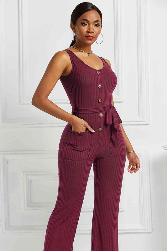 Button Detail Tie Waist Jumpsuit with Pockets - Absolute Fashion 2020