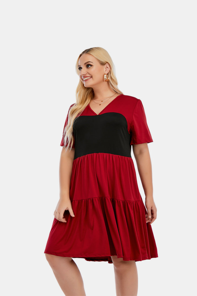 V Neck Short Sleeve Tiered Ruffle Hem Dress - Absolute Fashion 2020