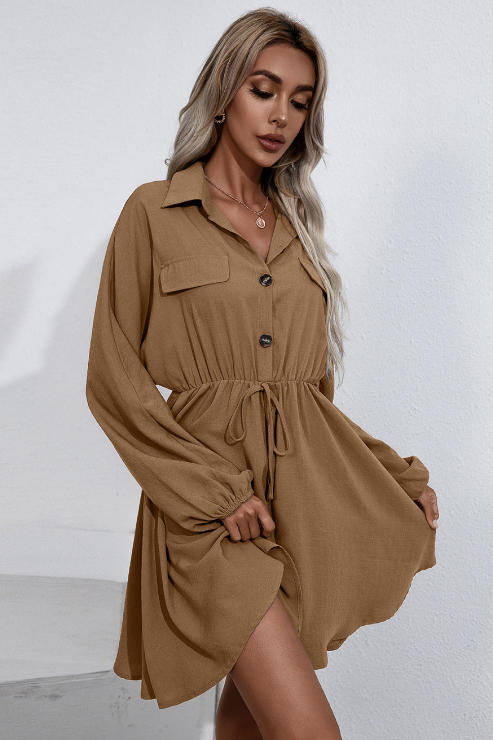 Collared Tie Waist Button Up Shirt Dress - Absolute Fashion 2020