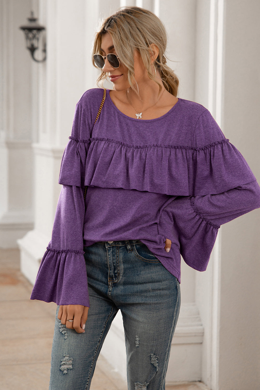 Flounce Sleeve Ruffle Trim Top - Absolute Fashion 2020