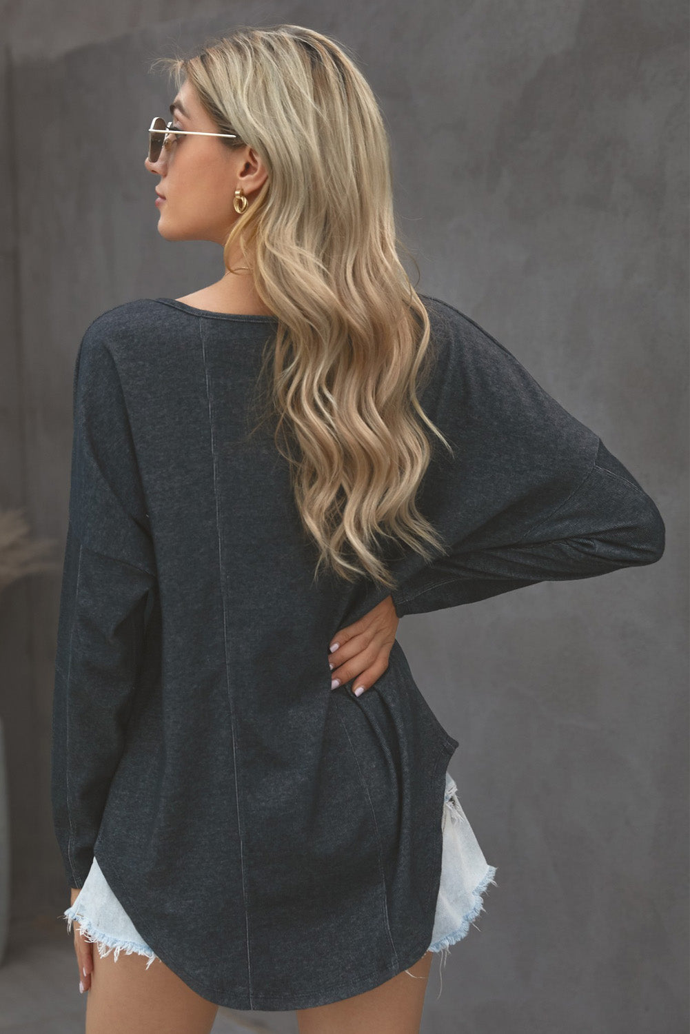 Grommet Long Sleeve V-Neck Top - Absolute Fashion 2020