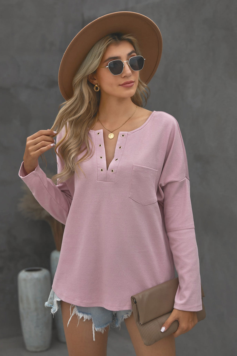 Grommet Long Sleeve V-Neck Top - Absolute Fashion 2020