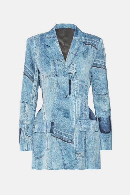 Cutout Singe-Breasted Patchwork Denim Blazer