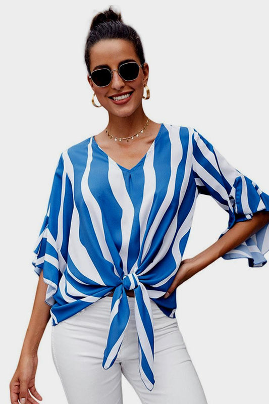 Striped Flounce Sleeve Knot Hem Top - Absolute Fashion 2020