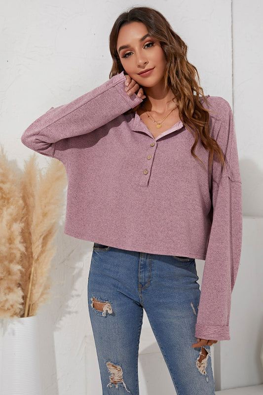 Button Up Cropped Long Sleeve Top - Absolute Fashion 2020