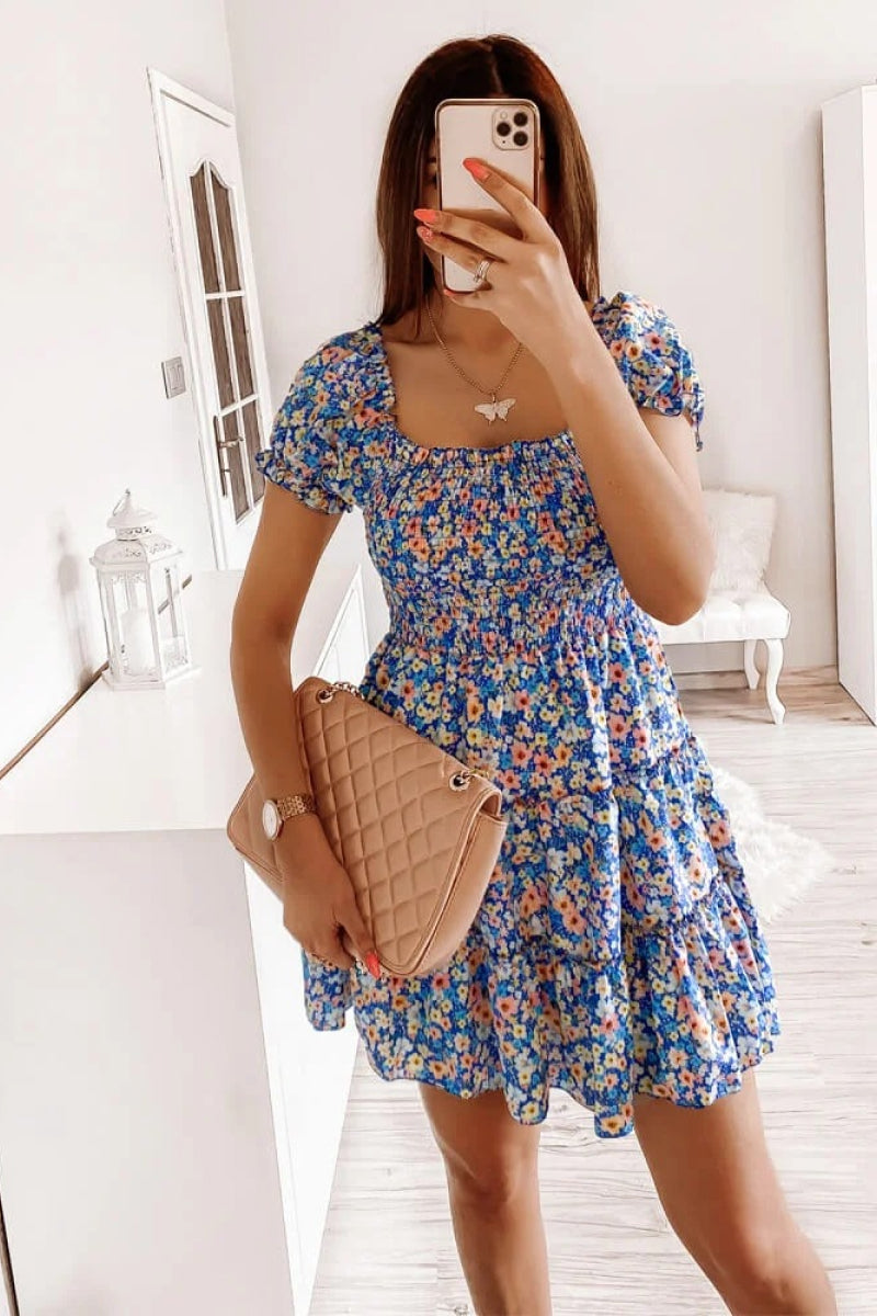 Square Neck Shirred Ruffle Hem Mini Dress - Absolute Fashion 2020