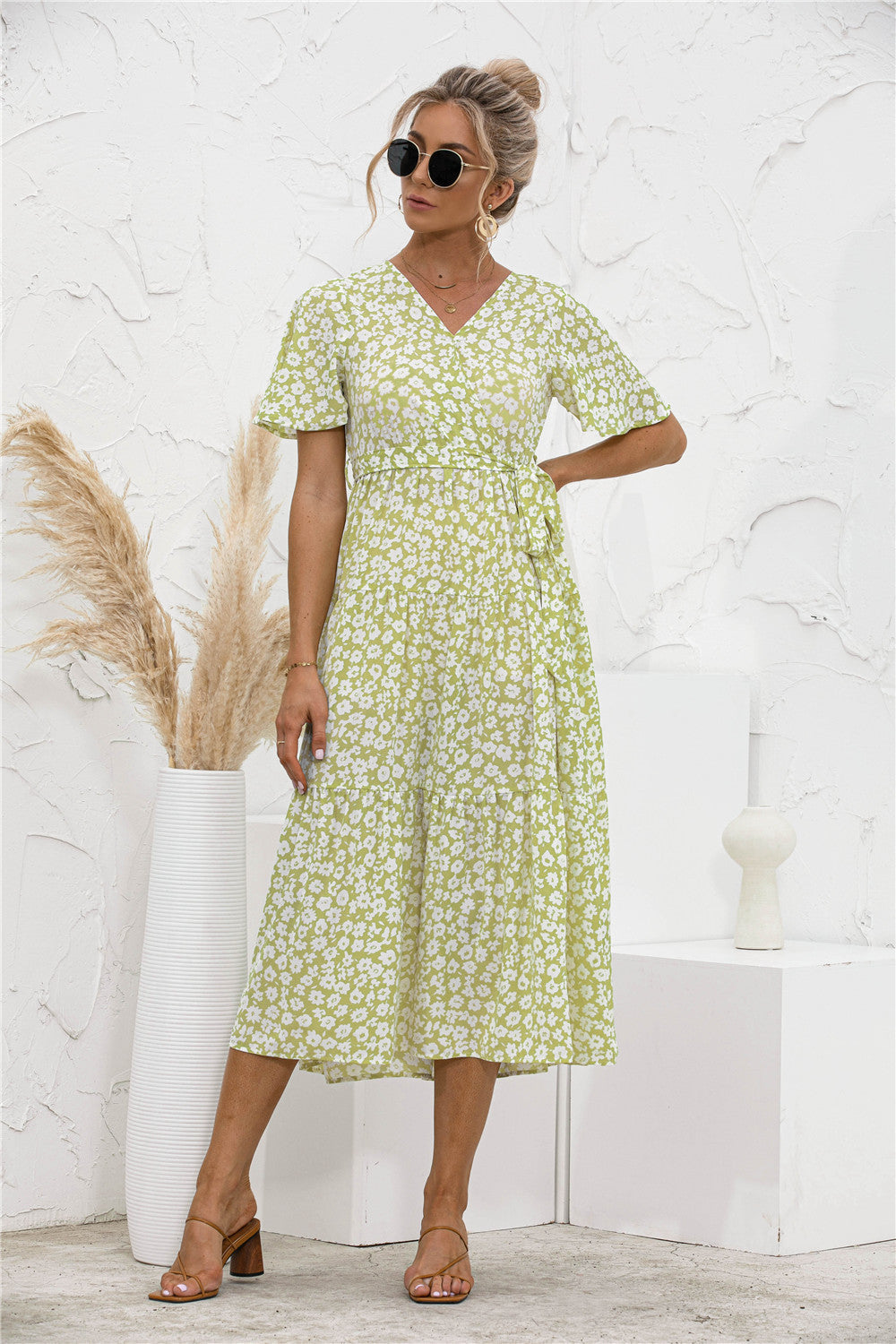 Polka Dot V Neck Belted Dress - Absolute Fashion 2020