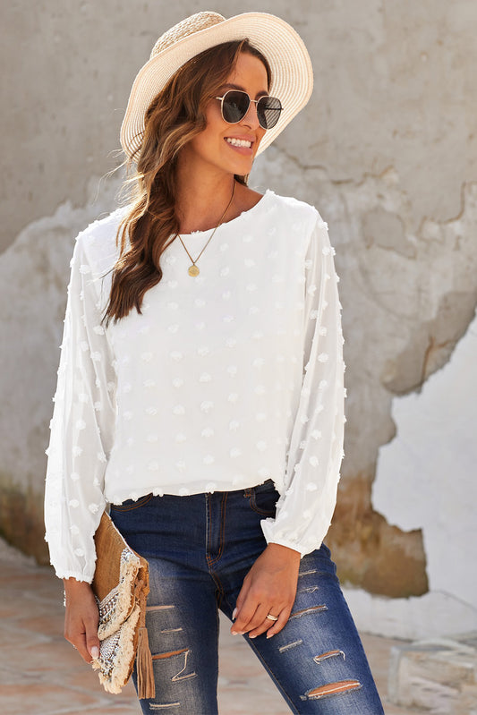 Swiss Dot Balloon Sleeve Crewneck Blouse - Absolute Fashion 2020